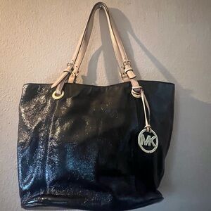 Michael Kors Black Patent Tote with Beige Straps and MK Charm